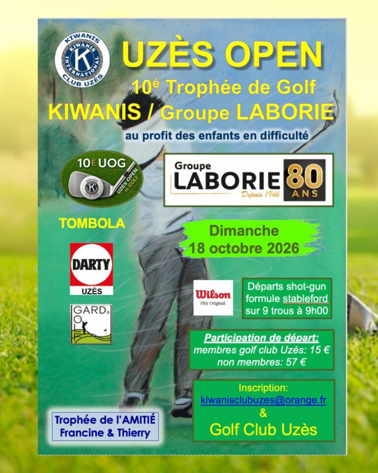 dimanche 18 octobre 2026 , 10ᵉ édition de l’Uzès Open, organisée par le Kiwanis Club Uzès, en partenariat avec le Groupe Laborie.